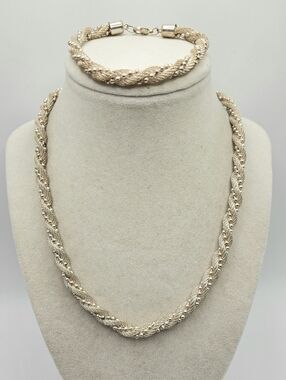 VINTAGE Silver Tone Mesh Beaded Twisted Rope Necklace and Bracelet Set